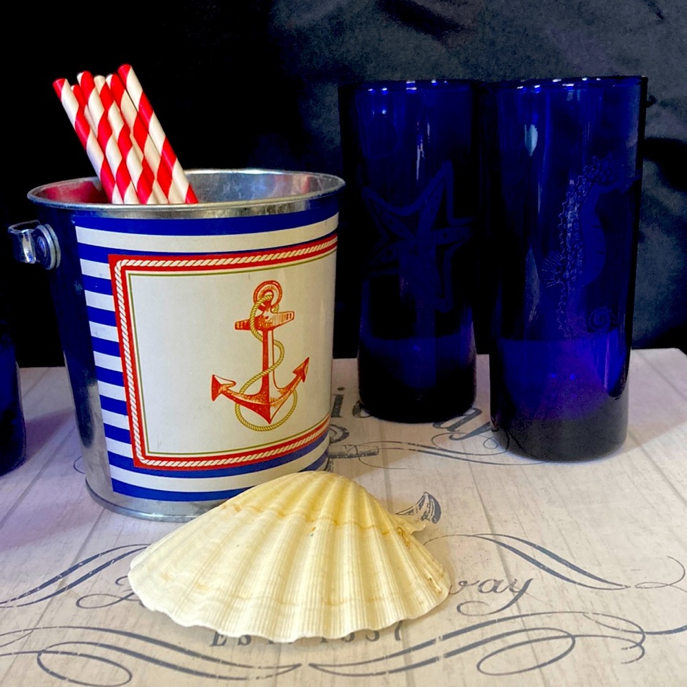 Set of 4 hand etched cobalt blue ocean theme highball glasses